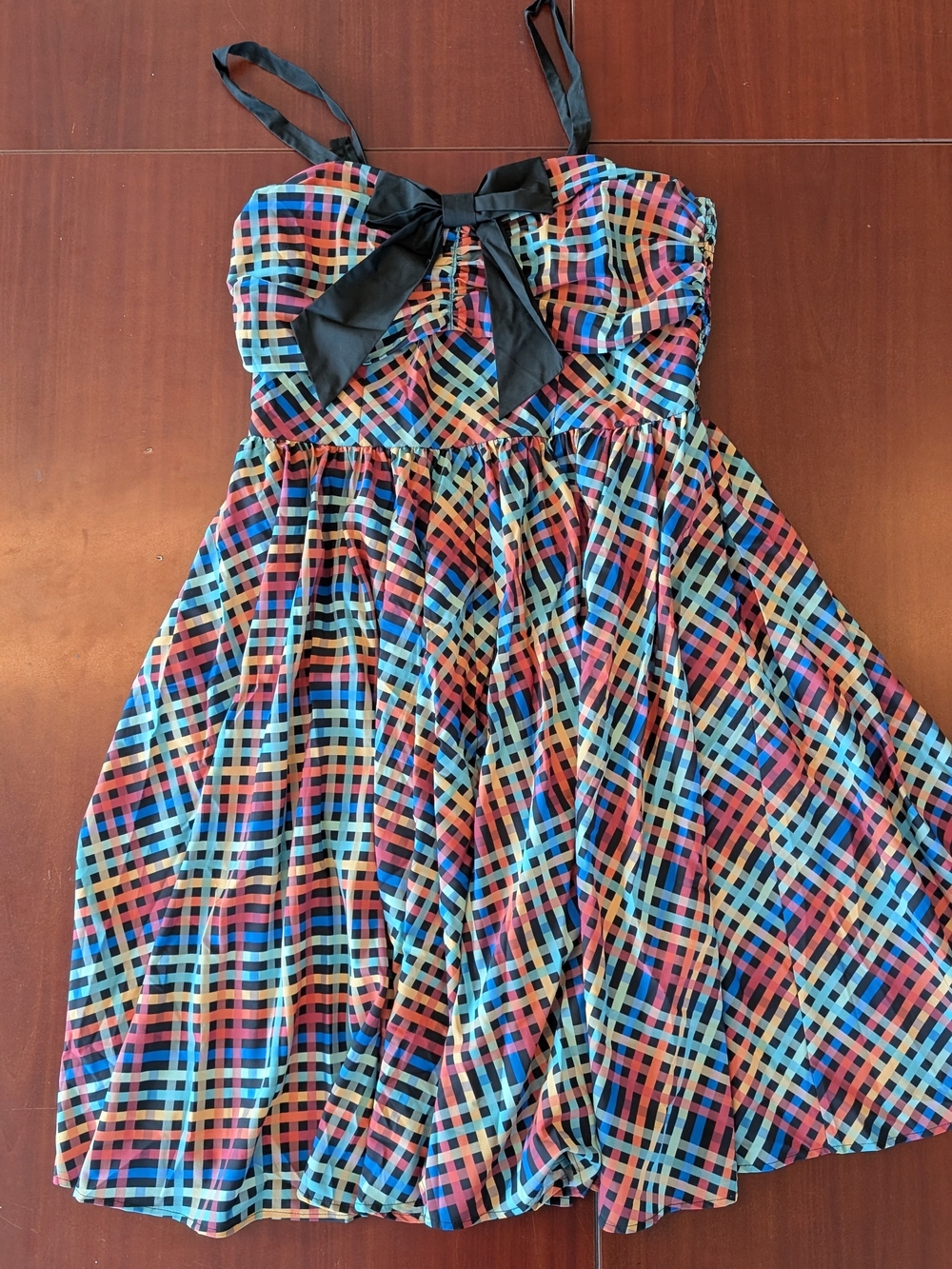 Unique vintage Multicolor Plaid Fit-and-Flare Swing Dress with Black Bow